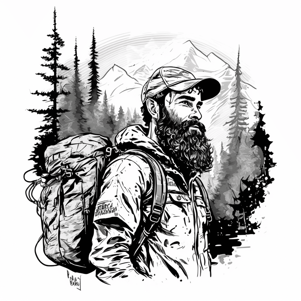 black and white image of a backpacker with the wilderness as a background