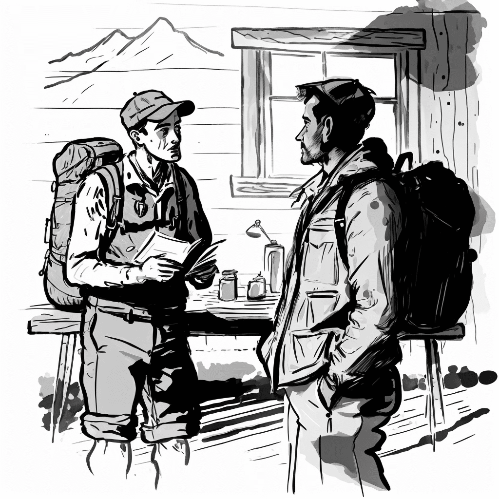 two outdoorsmen speaking